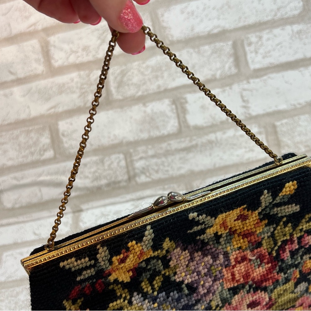 Vintage Tapestry Purse Handbag Black Floral Chain Handle Coin Purse - Picture 9 of 12
